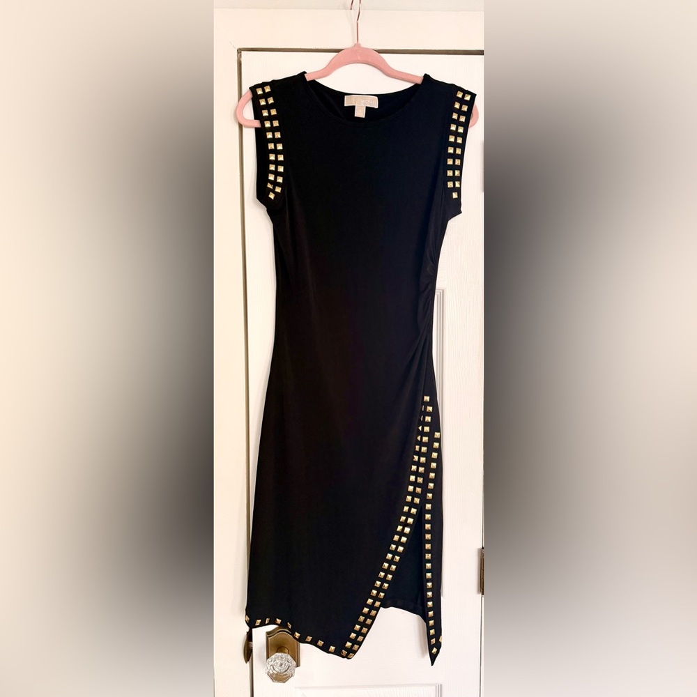 Michael Kors Black Midi Dress with Gold Studs